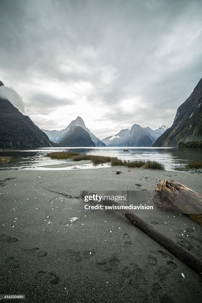 Low angle view of Mitre peak, Milfford sound, New Zealand