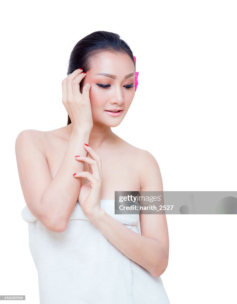 Beautiful woman wear towel, isolated on white background