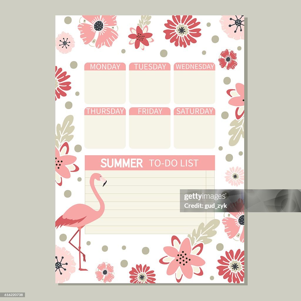 Cute romantic vector page with flamingo and flowers.