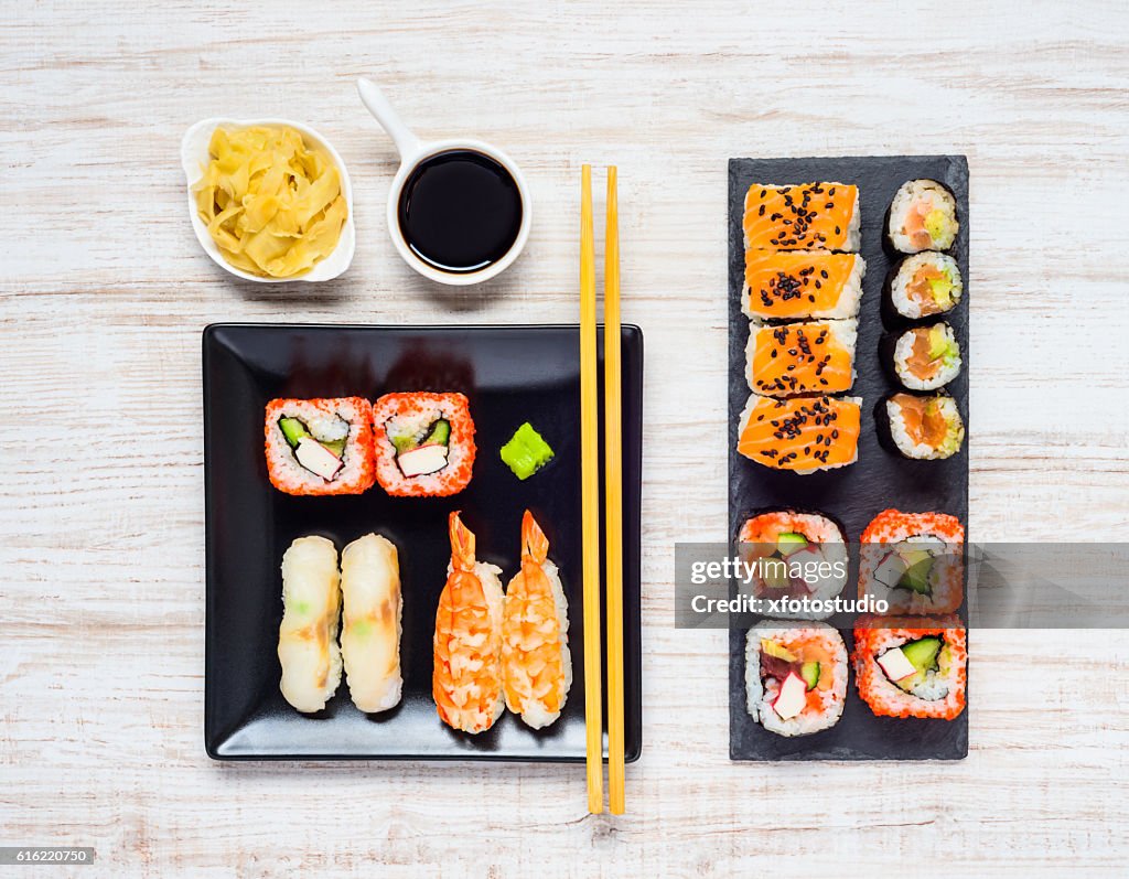 Different Sushi Types with Soy Sauce and Gari