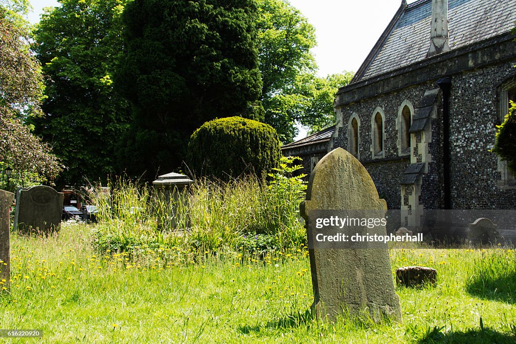 Grave stones outside a church in Beaconsfield, Buckinghamshire,