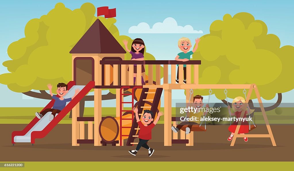 Happy childhood. Children play on the playground. Vector illustr