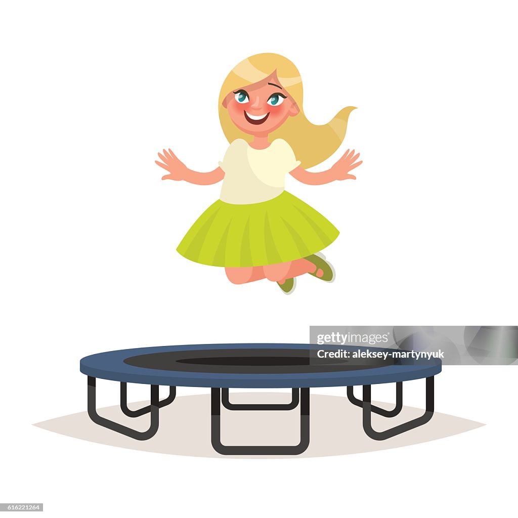 Happy girl jumping on a trampoline. Vector illustration