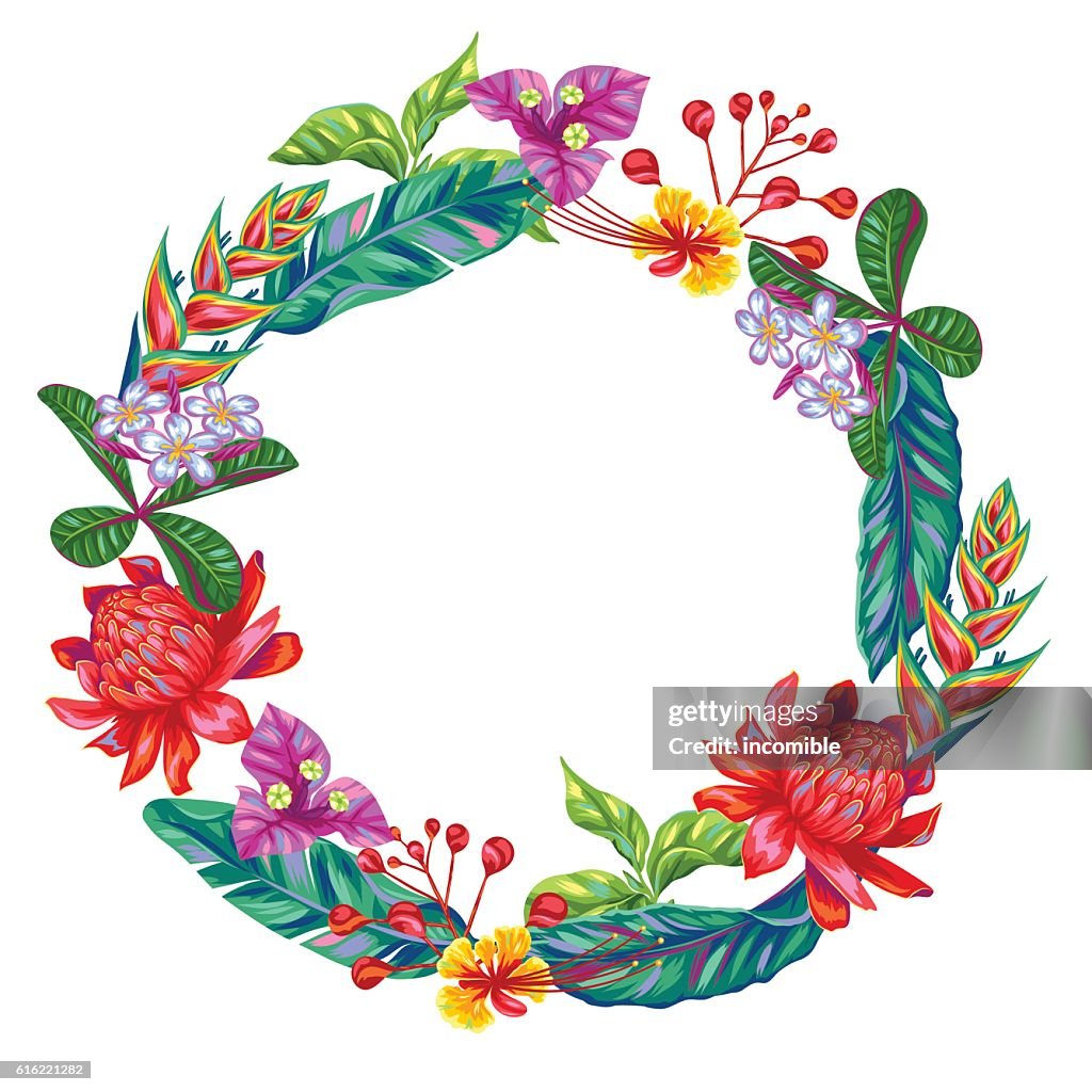 Decorative frame with Thailand flowers. Tropical multicolor plants, leaves and