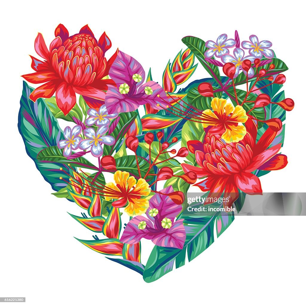 Dekoratives Herz mit Thailand Blumen. Tropische mehrfarbige Pflanzen, Blätter und