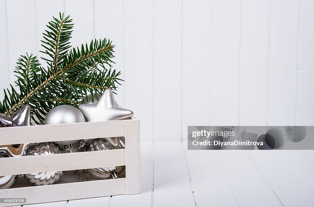 Christmas decoration over white background - selective focus, copy space