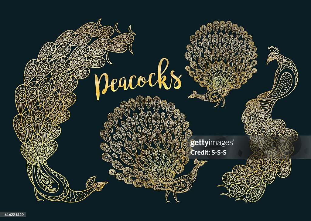 Golden peacocks set on dark turqiouse