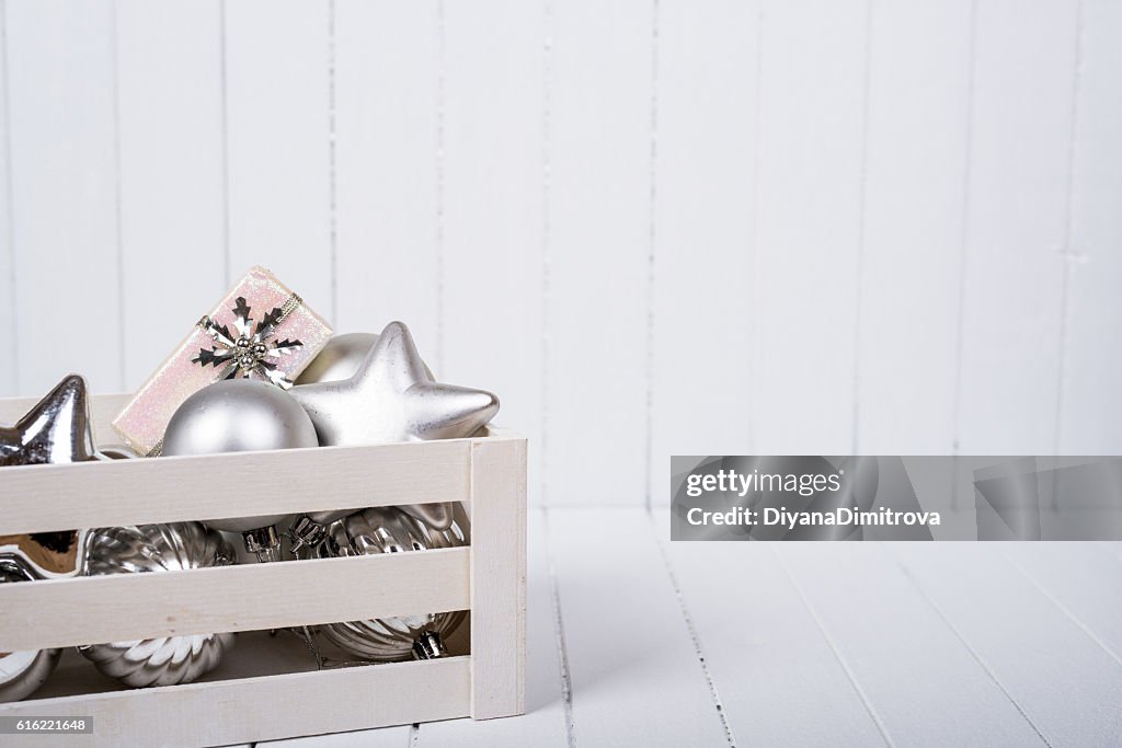 Christmas decoration over white background - selective focus, copy space