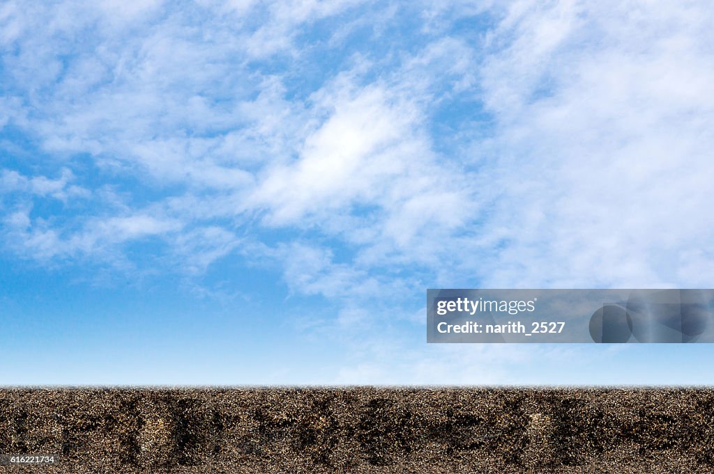 Field of soil on a background of blue sky.