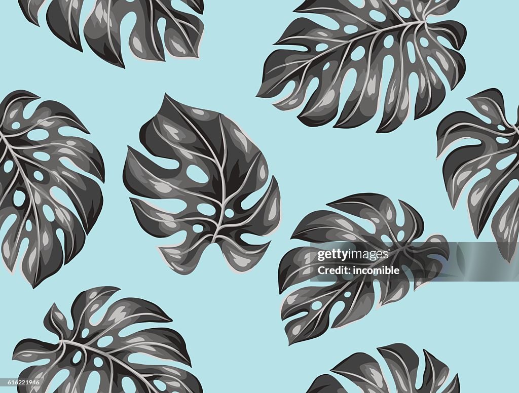 Seamless pattern with monstera leaves. Decorative image of tropical foliage