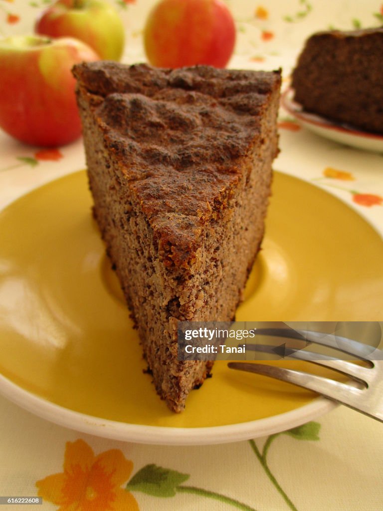 Gluten free apple cake with poppy seeds on yellow plate