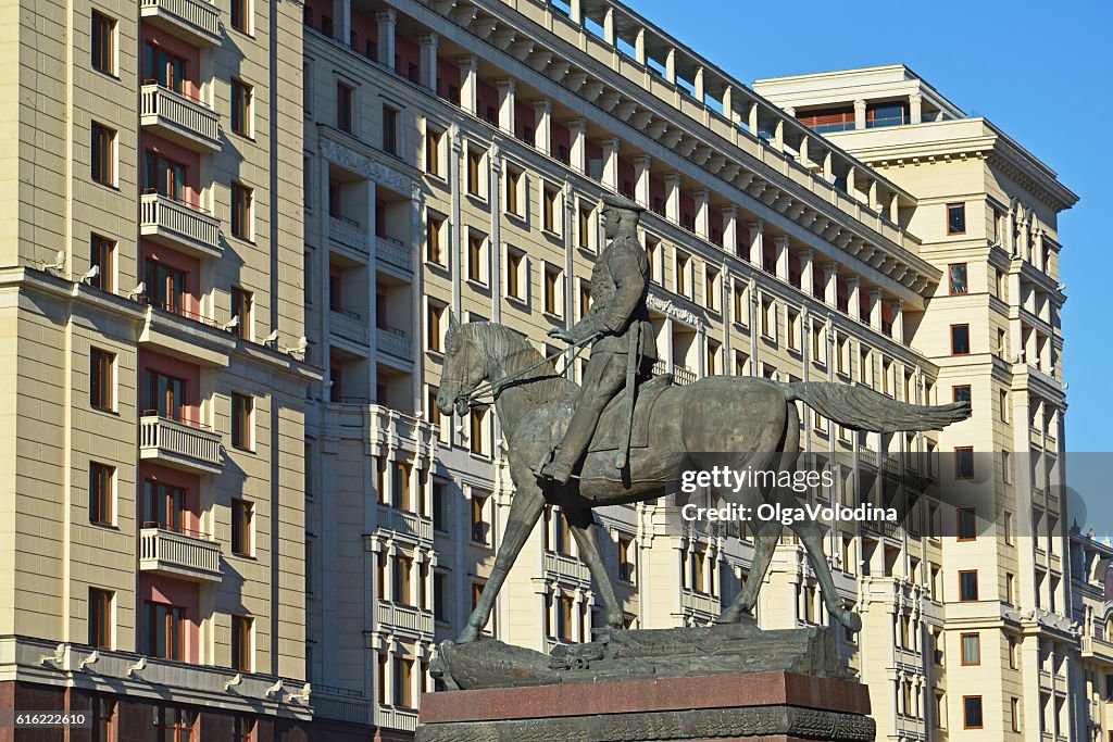 Monument to Marshal Zhukov on  background of  Four Seasons hotel