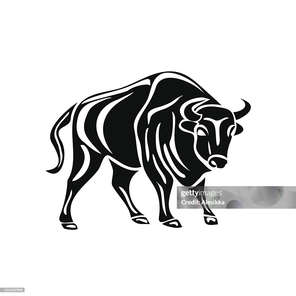 Black silhouette of bull on white background.