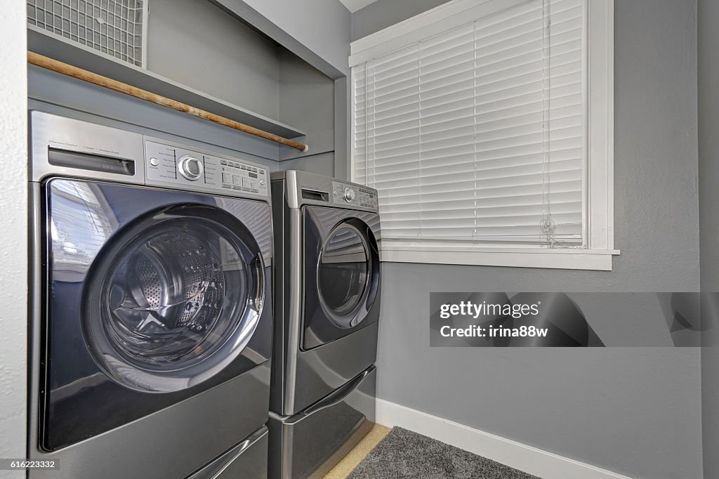 Laundry interior with gray walls, carpet and modern appliances.