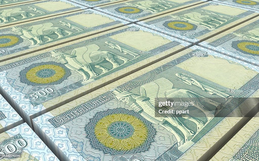 Iraq dinars bills stacks background.