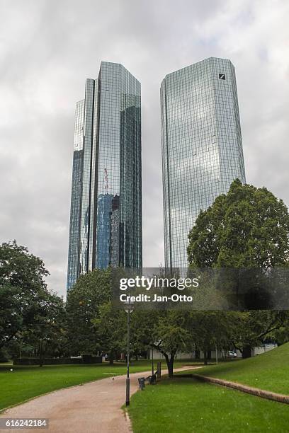 deutsche bank skyscrapers in frankfurt, germany - deutsche bank frankfurt stock pictures, royalty-free photos & images