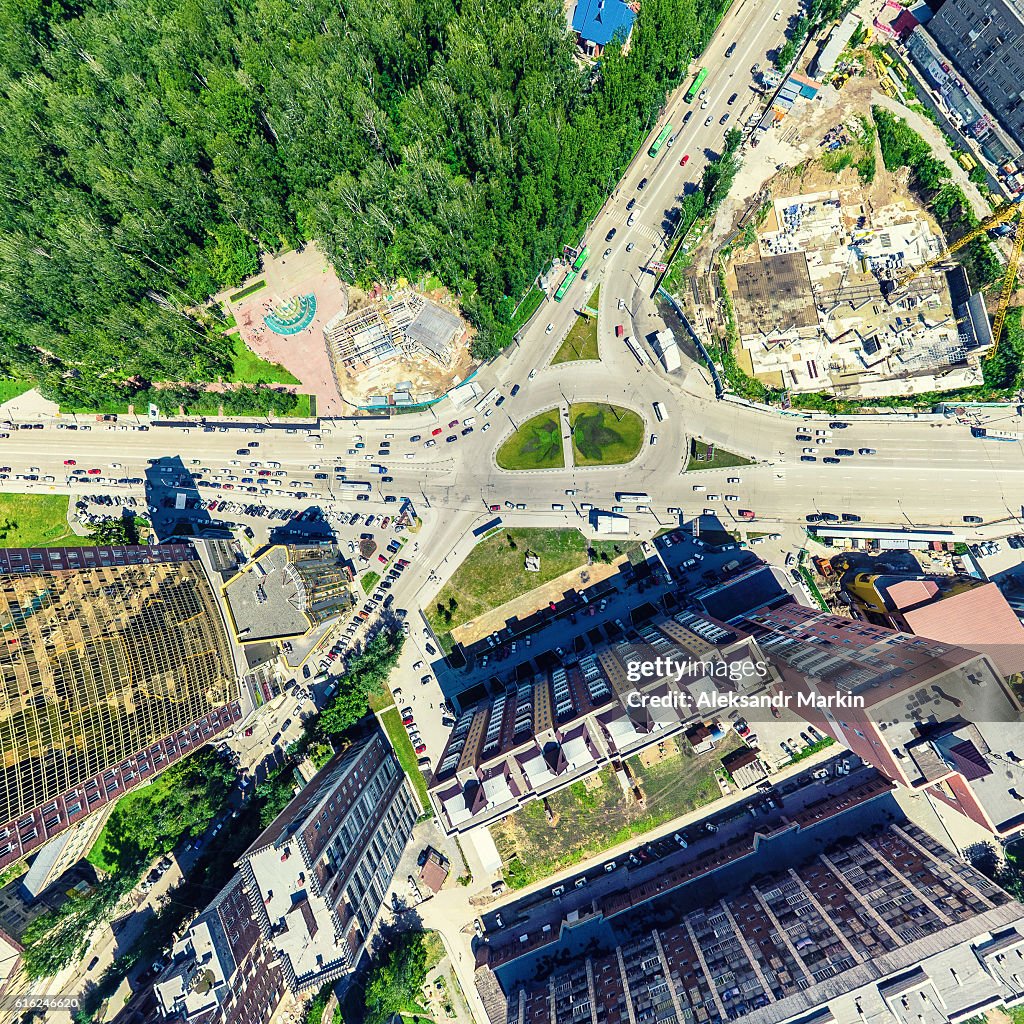 Aerial city view. Urban landscape. Copter shot. Panoramic image.