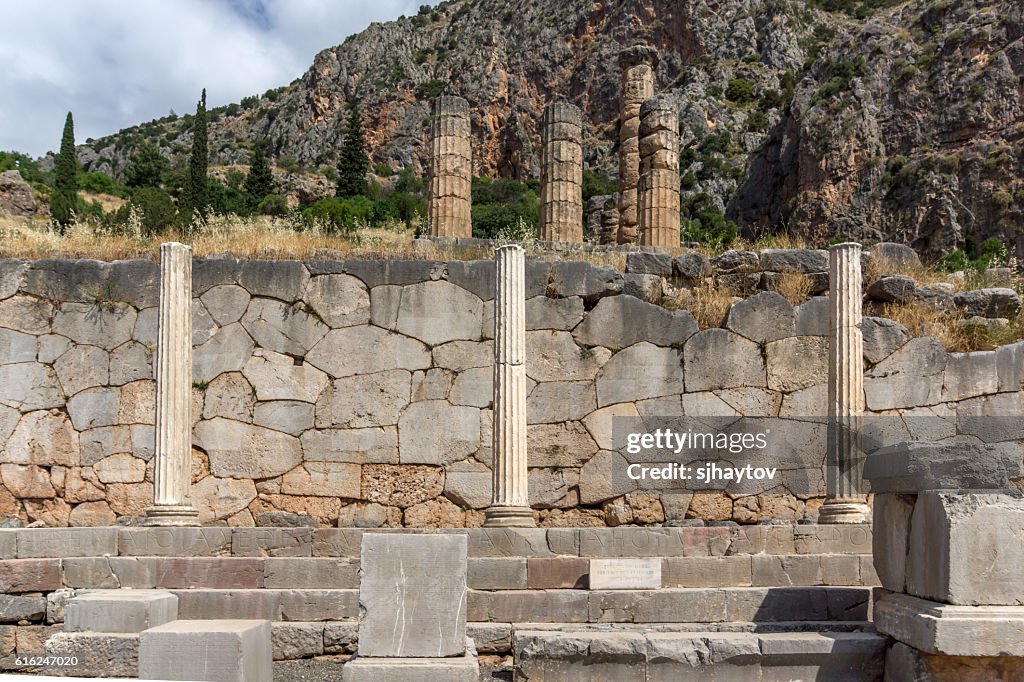 Ancient Columns in Greek archaeological site of Delphi, Greece