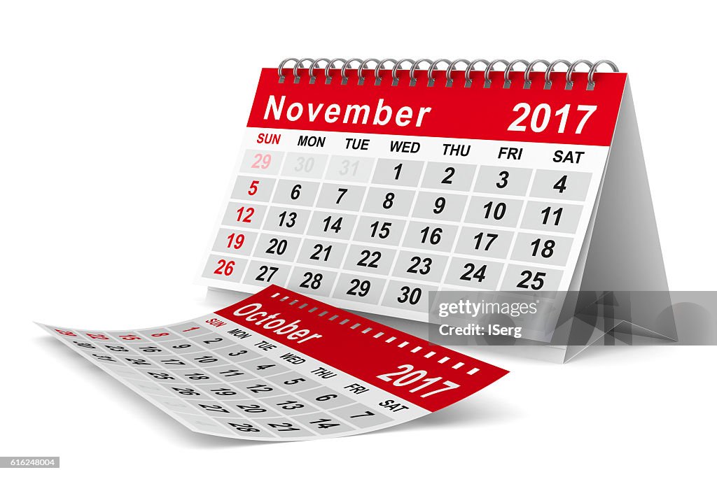 2017 year calendar. November. Isolated 3D image