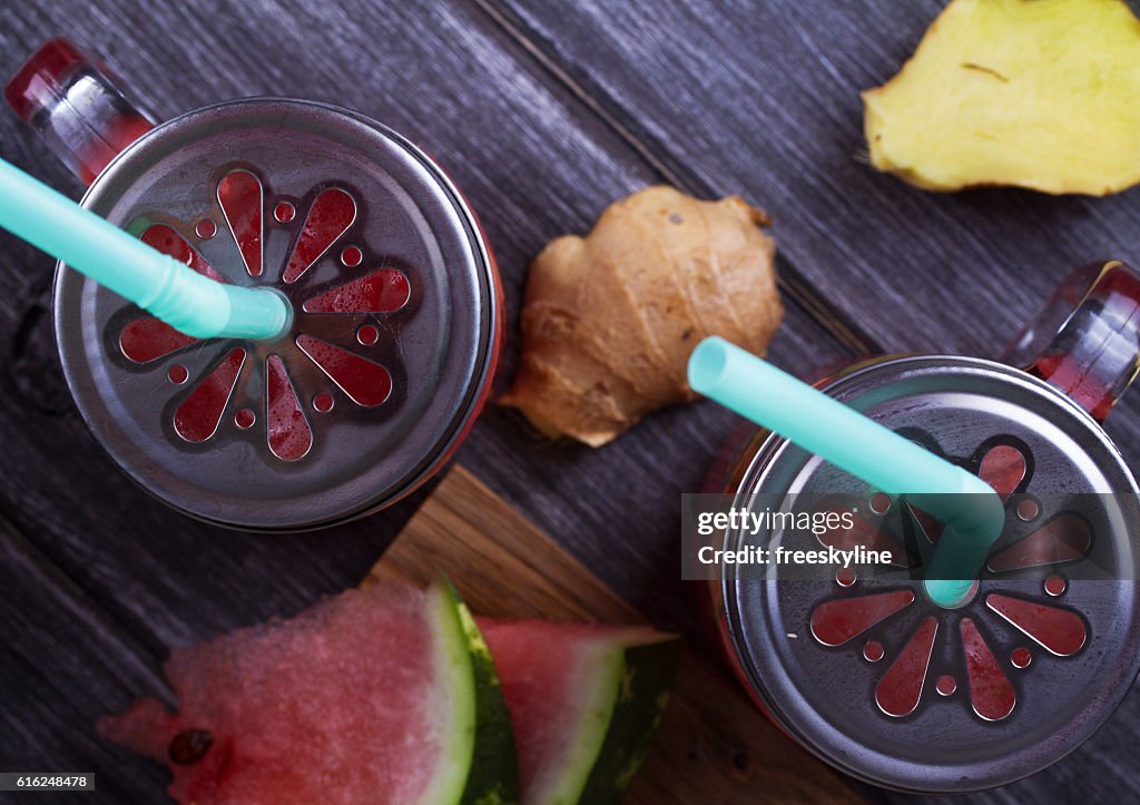 Watermelon cocktail with ginger and cucumber