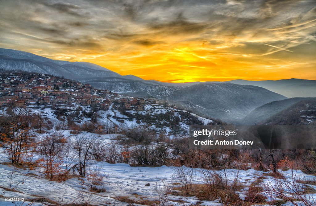 Sunset over Rozovo village - Rodophe mountain, Bulgaria