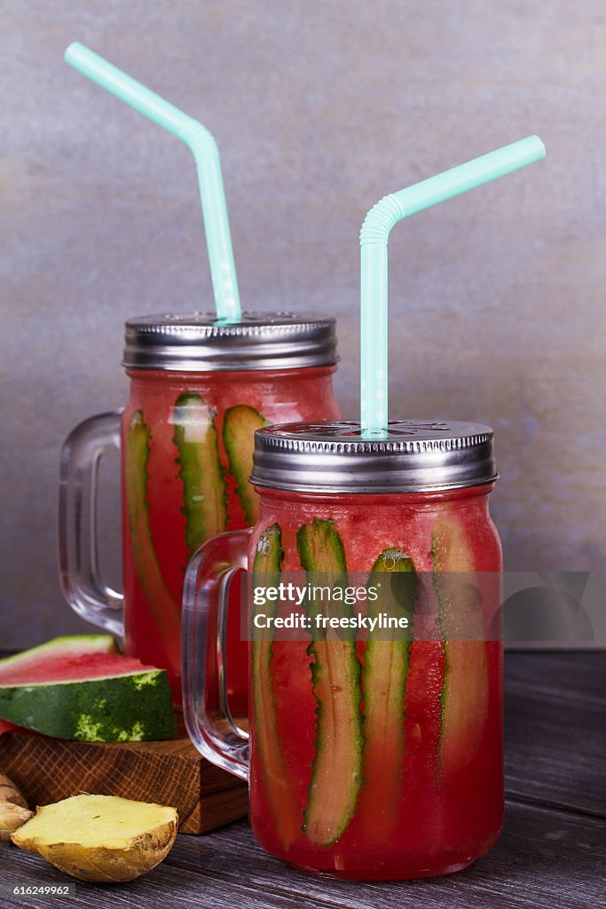 Watermelon cocktail with ginger and cucumber