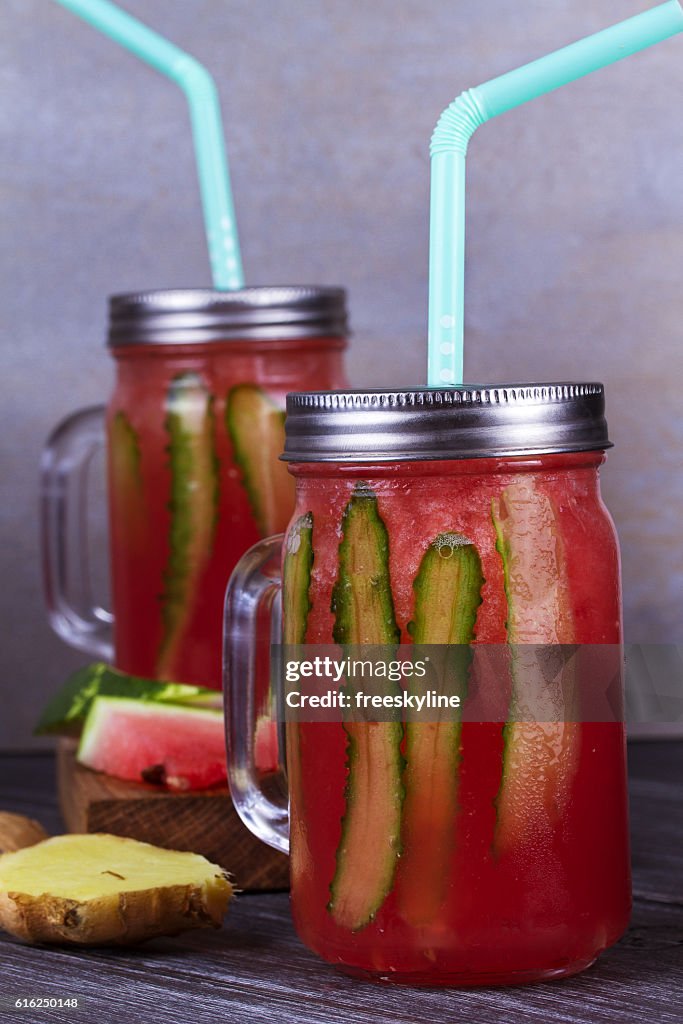 Watermelon cocktail with ginger and cucumber