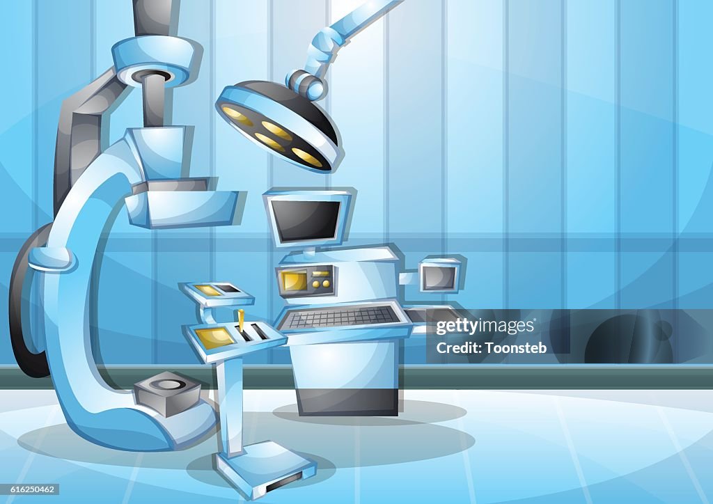 Cartoon vector illustration interior surgery operation room with separated layers