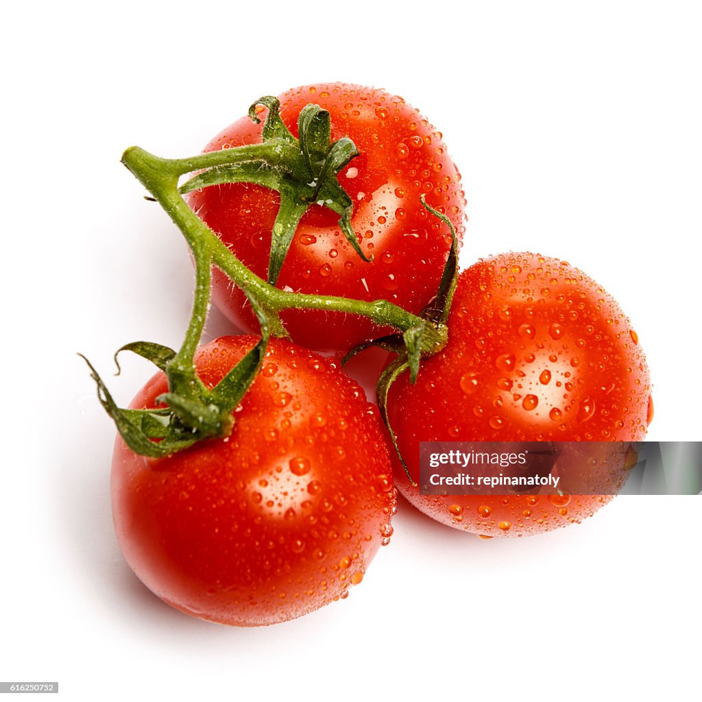 Plum tomatoes with leaves on white background