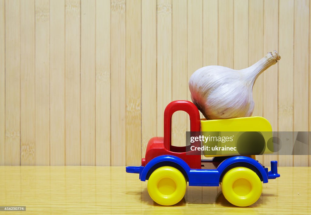 Toy plastic car with garlic