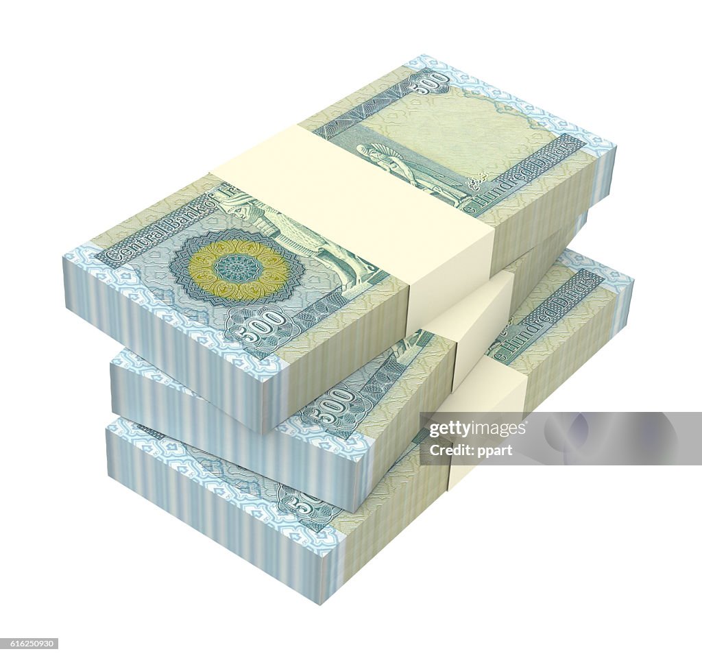 Irakische Dinare Rechnungen, isoliert auf weißem Hintergrund.