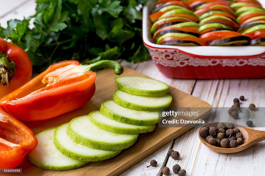 Uncooked homemade French ratatouille. Healthy food concept.