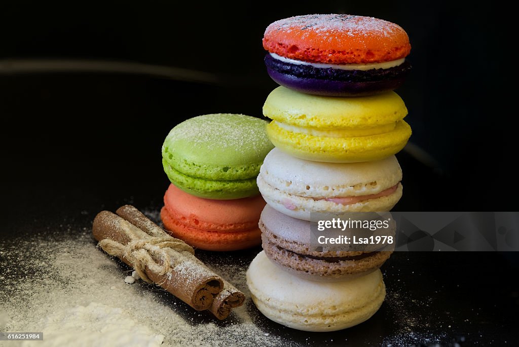 View from top point of vivid colored macaroons in stack