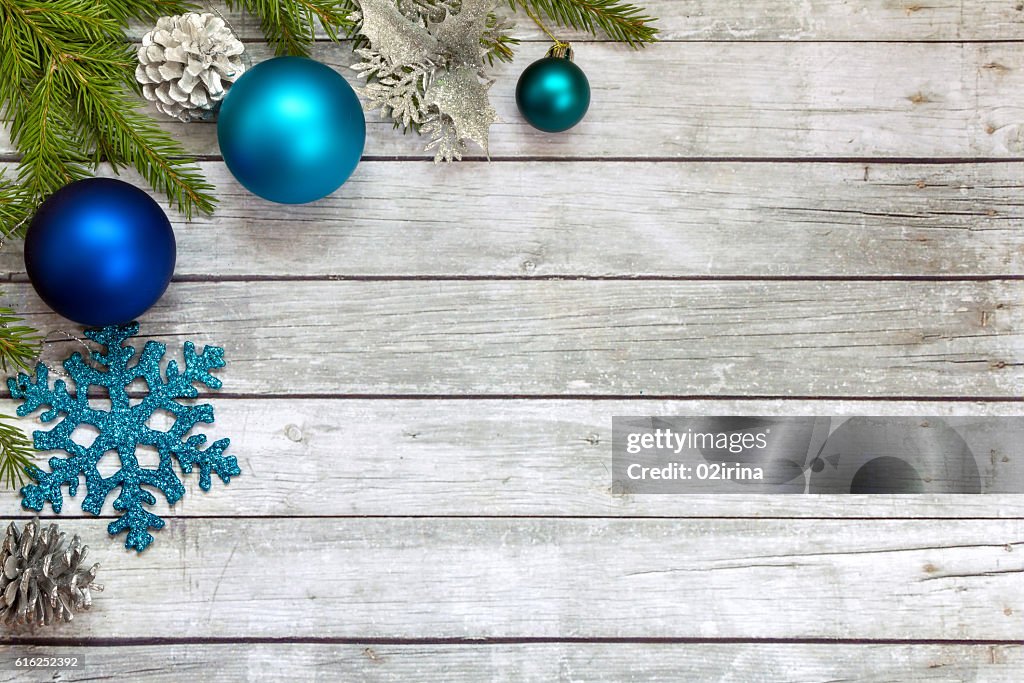 Spruce branches with Christmas decorations.