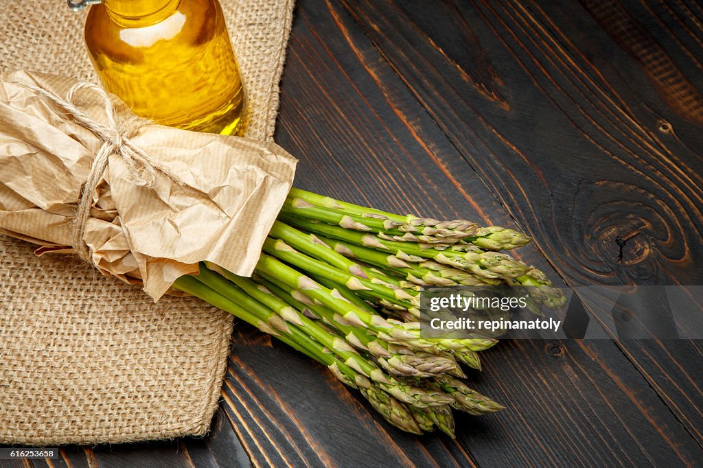 Harvested asparagus on wooden