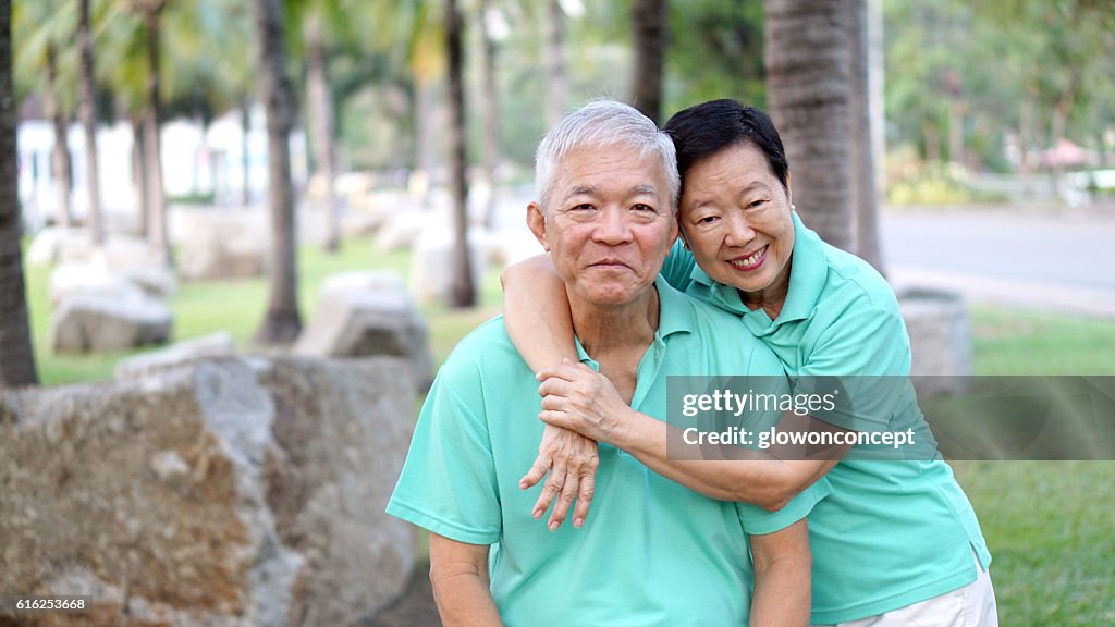 Close up potrait of Asian senior couple in park background