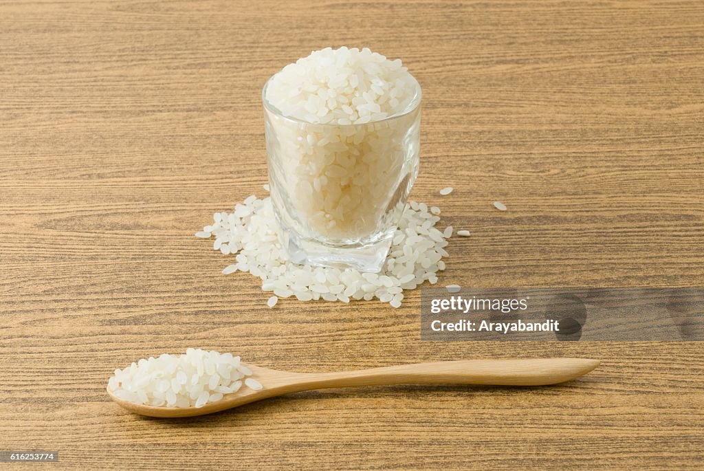 Japanese Rice in Wooden Spoon and Glass