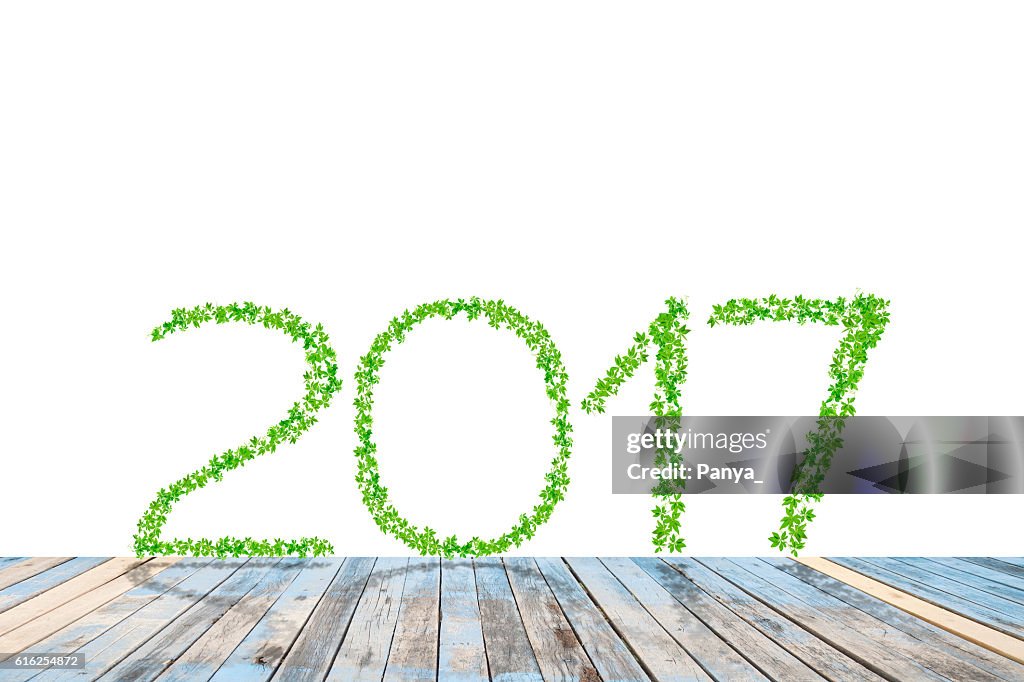 2017  year made from green leaves with perspective wood floor