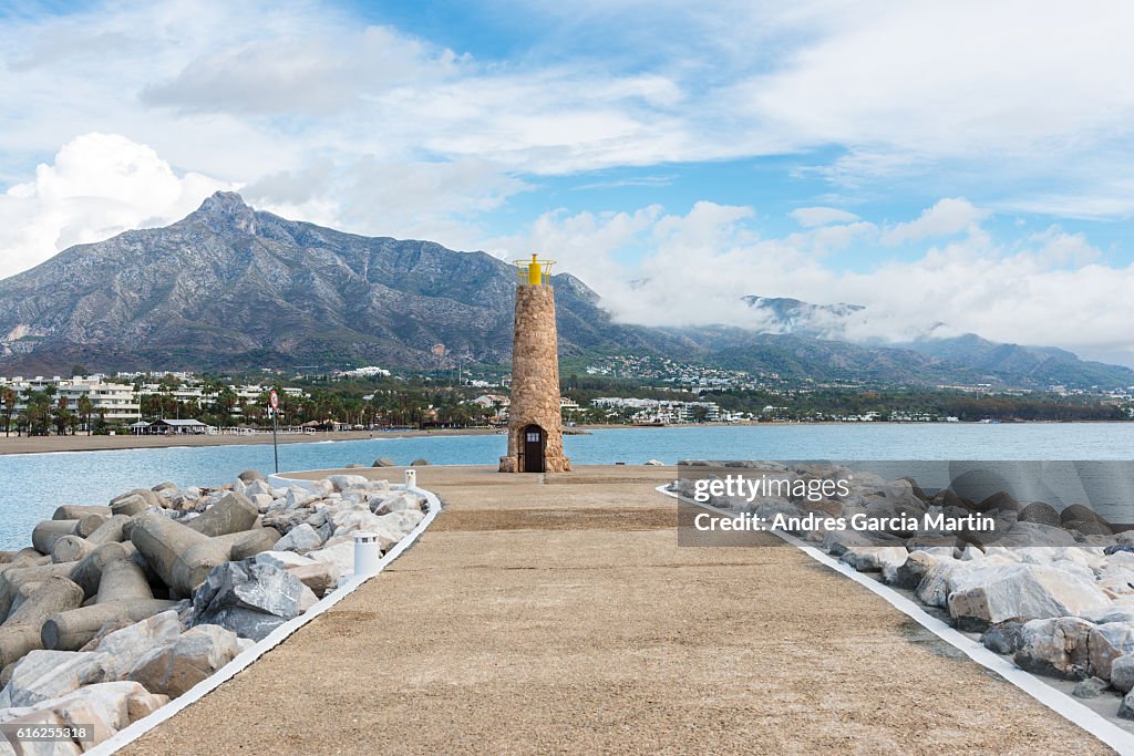 Puerto Jose Banus lighthouse in Marbella, Spain