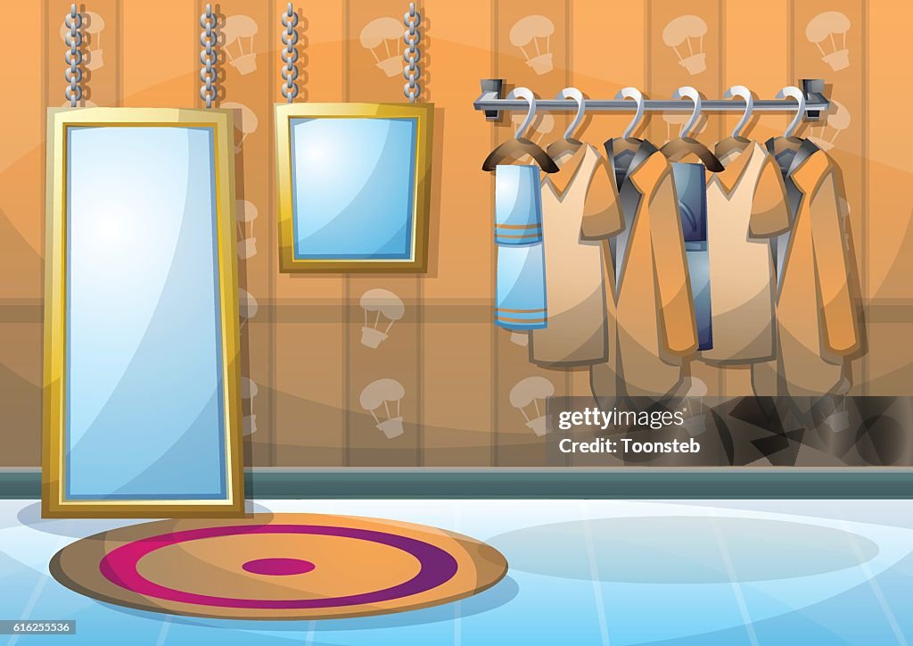 Cartoon vector illustration interior clothing room with separated layers