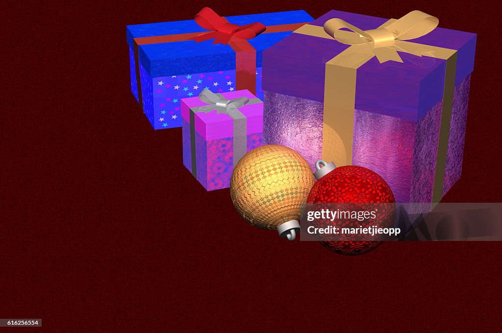 3D Illustration: Christmas gifts plus ornaments