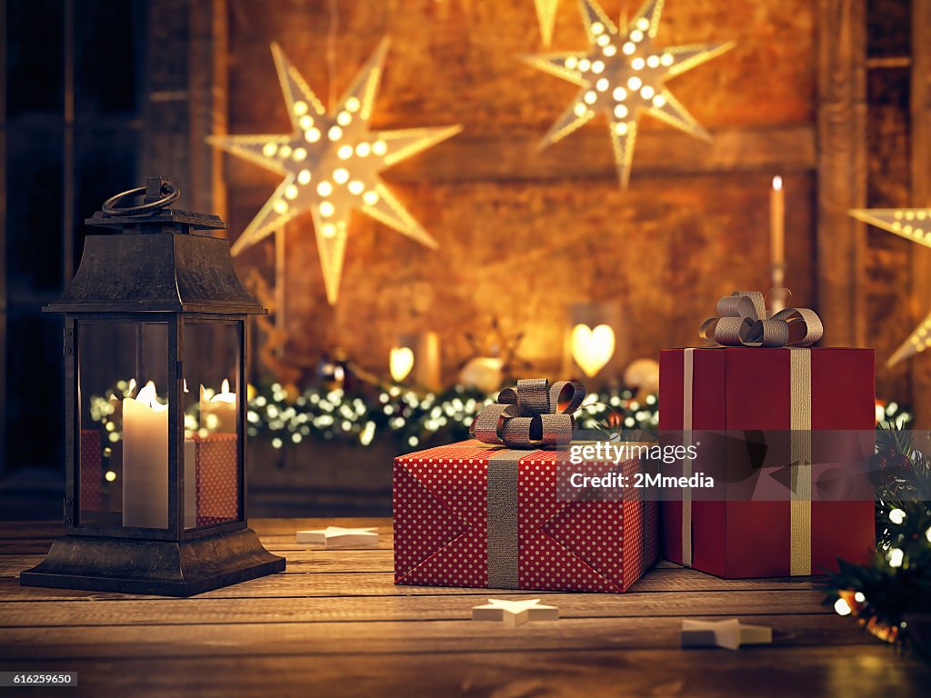 Beautiful gift with Christmas ornaments. 3d rendering