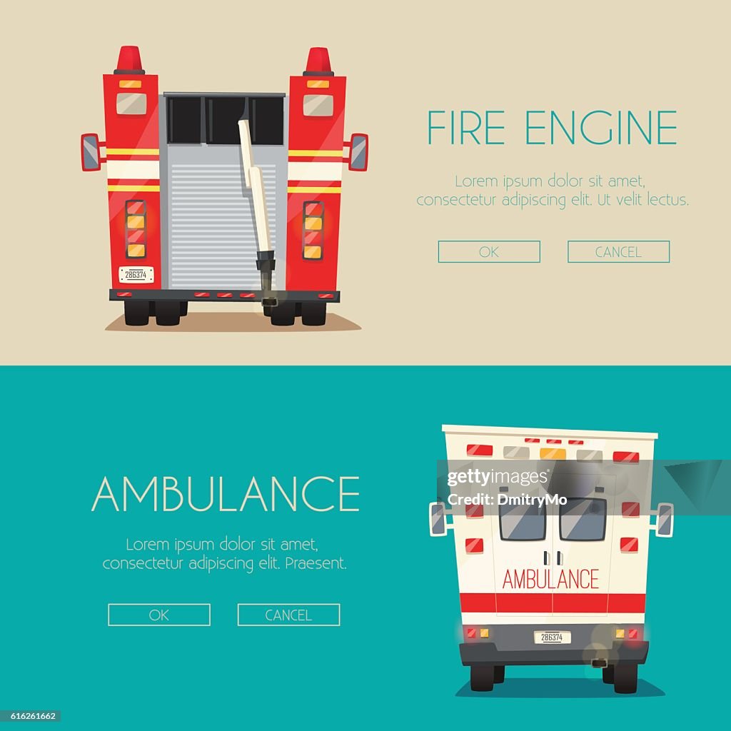 Ambulance car and Fire truck. Vector cartoon illustration