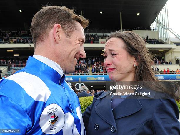 Hugh Bowman is congratulated by his wife Christine Bowman after riding Winx to win Race 9, William Hill Cox Plate during Cox Plate Day at Moonee...