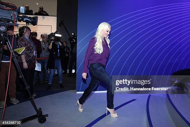 Model Daniela Katzenberger arrives to interview with Marko Schreyl at the ARD stage at the 2016 Frankfurt Book Fair on October 22, 2016 in Frankfurt...