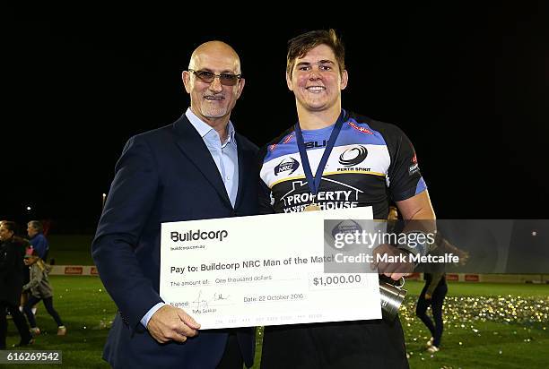 Richard Hardwick of the Spirit poses with the player of the match award during the 2016 NRC Grand Final match between the NSW Country Eagles and...