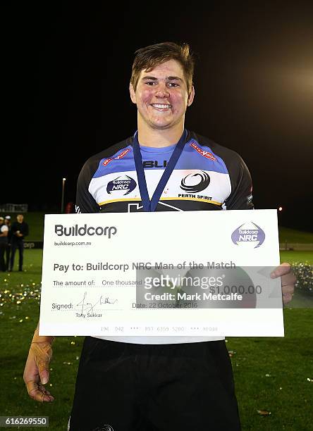 Richard Hardwick of the Spirit poses with the player of the match award during the 2016 NRC Grand Final match between the NSW Country Eagles and...
