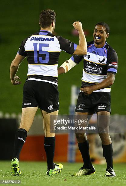 Luke Morahan and Marcel Brache of the Spirit celebrate victory in the 2016 NRC Grand Final match between the NSW Country Eagles and Perth Spirit at...