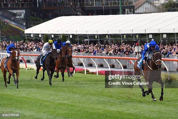 Hugh Bowman riding Winx defeats Hartnell and Yankee Rose in Race 9, William Hill Cox Plate during Cox Plate Day at Moonee Valley Racecourse on...