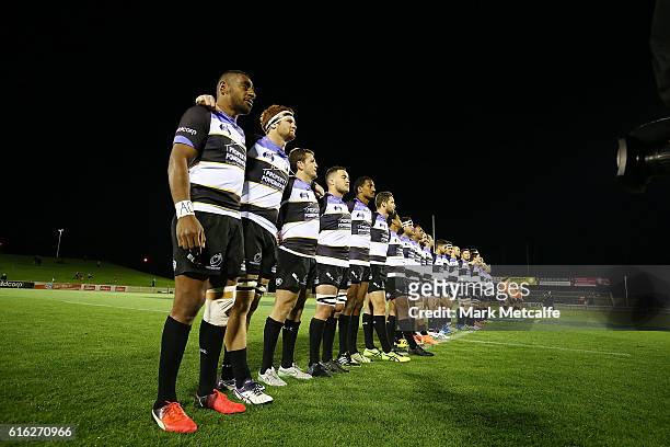 Spirit players line up for the national anthem before the 2016 NRC Grand Final match between the NSW Country Eagles and Perth Spirit at Scully Park...